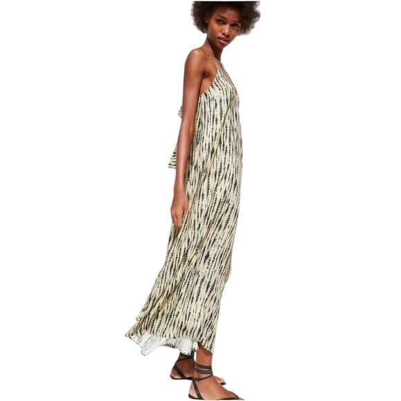 Zara Women’s Cream Khaki and Blue Batik Print Tie Back V Neck Maxi Dress Sz M/L - Picture 6 of 10